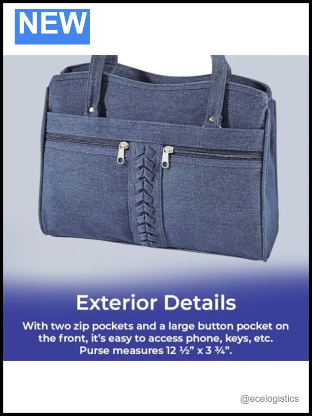 Denim Shoulder Bag Crossbody with Braided Trim, Two Top Handles